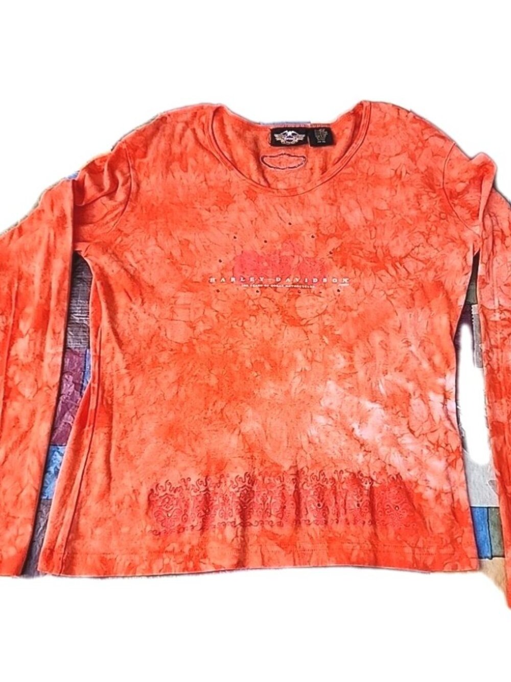 Vintage Harley Davidson Orange Tiedye Studded Long Sleeve Cotton Sz XL Tee Top